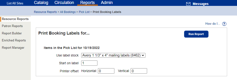 Print Booking Labels page.